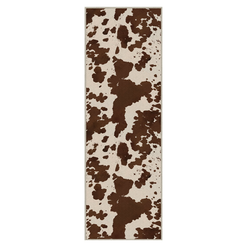 Terra Vintage Cow Print Machine Washable Beige / Brown Indoor Area Rug with Non-Slip Backing, Runner 2'6" x 8'