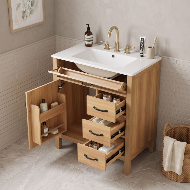 Meuble-lavabo de salle de bain avec lavabo en céramique, 4 tiroirs et support de rangement à double couche