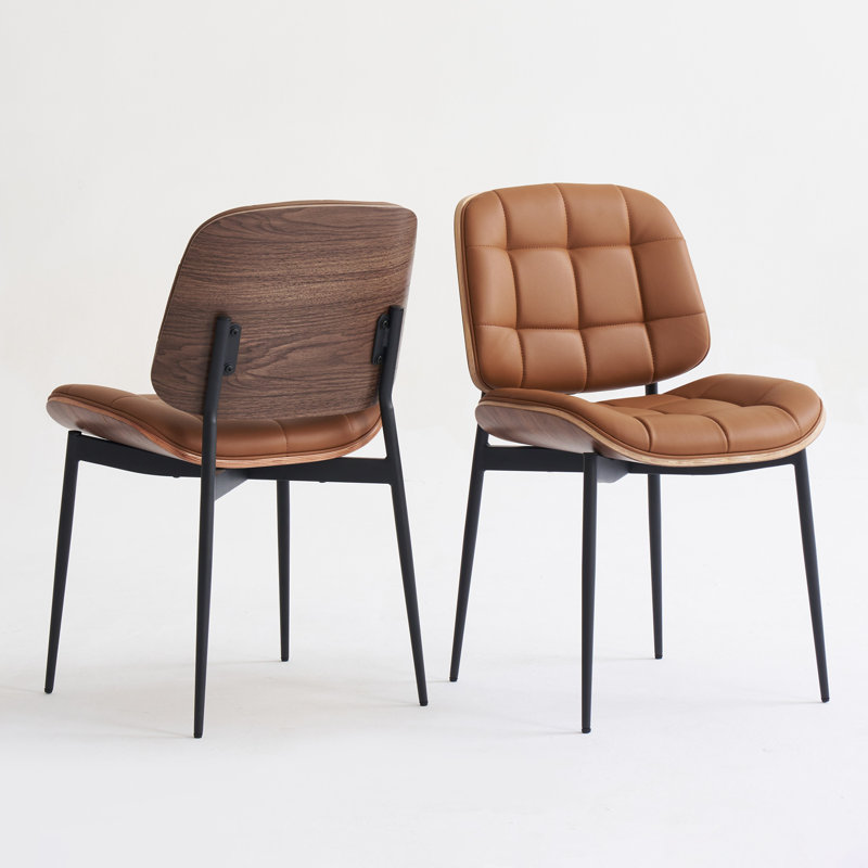 Mid Century Modern Dining Chairs with Walnut Grain Back, Brown Faux Leather Dining Room Chairs Set of 2, Checkered Soft Cushion Kitchen Chairs with Adjustable Foot Pads