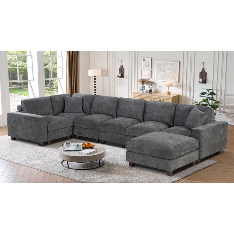 127" L-Shaped Modular Chenille Sectional Sofa With Ottoman, Dark Gray Chenille