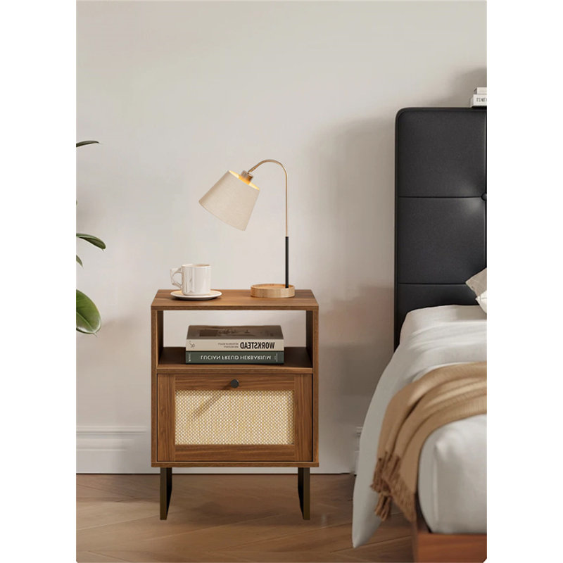 Bohemian Farmhouse Rattan Nightstand, Walnut