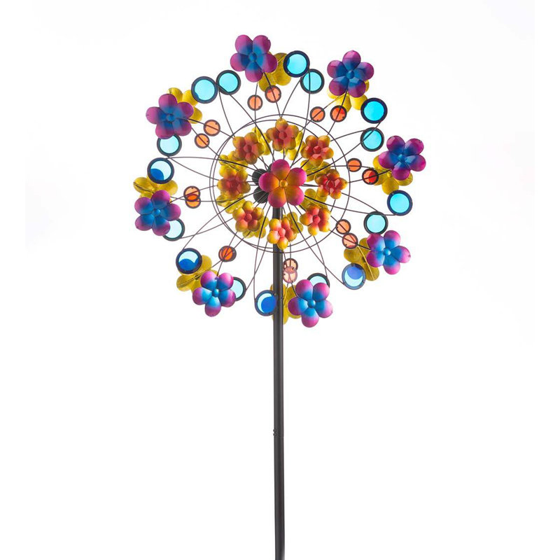 Colorful Blooms Metal Wind Spinner with Red and Blue Acrylic Discs