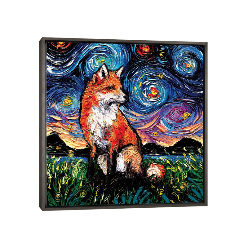 "Vulpine Night" par aja Trèves, reproduction d’art, H 26 po x l 26 po x P 1,5 po, Toile encadrée de bois rustique foncé