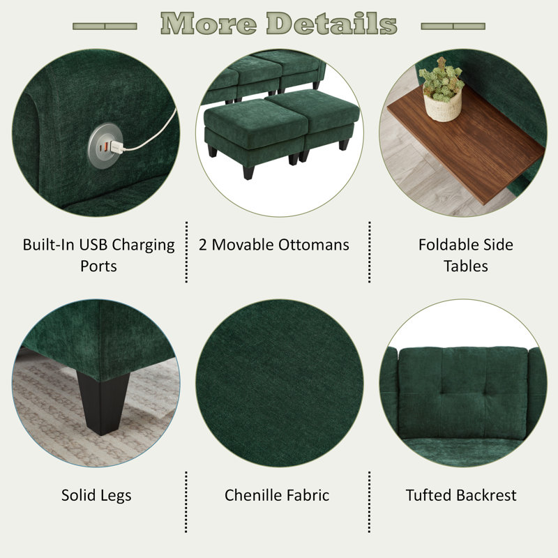 Canapé modulaire moderne avec 2 repose-pieds mobiles, ports USB et tables d'appoint, Chenille verte