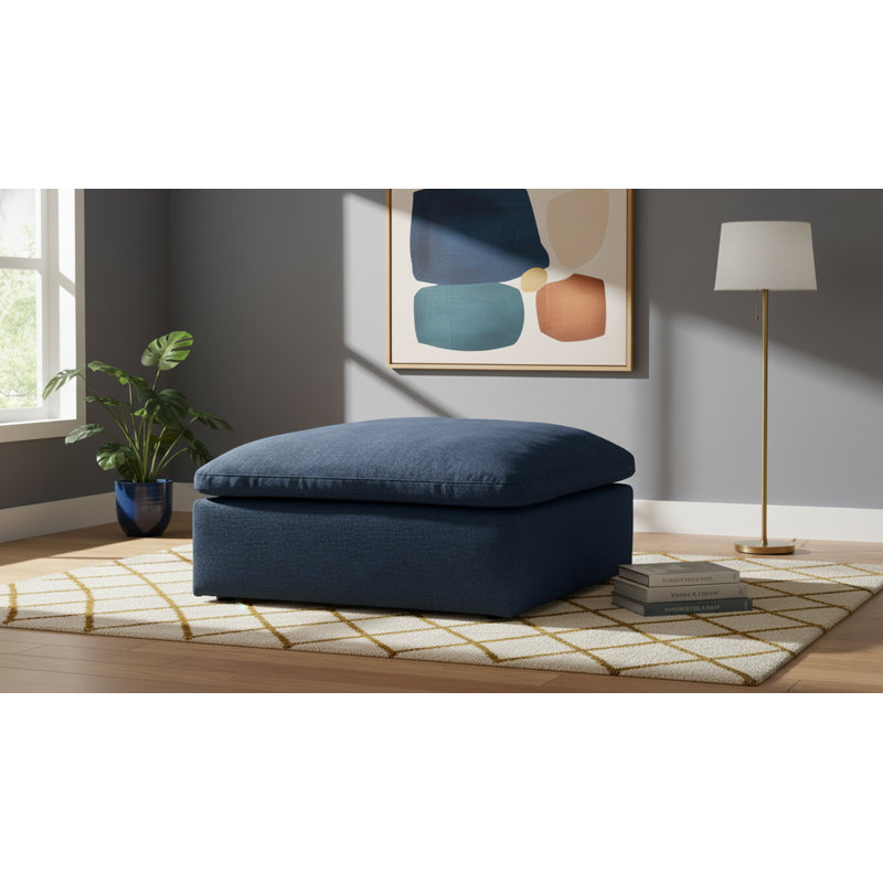 Sachel Upholstered Ottoman, Navy Linen Textured Fabric