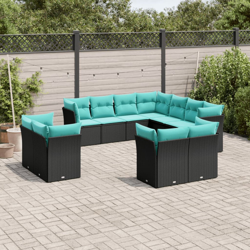 Ensemble de canapé de patio 12 pièces avec coussins en rotin de polyester noir, Coussin bleu / cadre noir