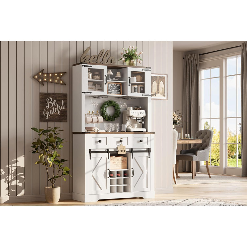 Armoire bar 72 po avec porte de grange coulissante, tiroirs, porte-bouteilles et porte-verres, style rustique