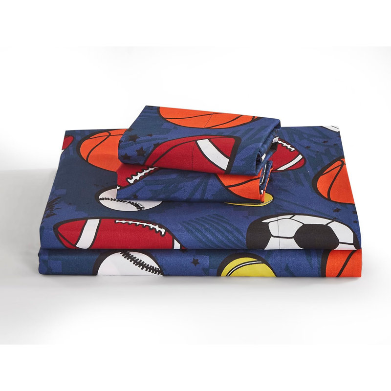 Twin White and Navy Sports Print Microfiber Sheet Set