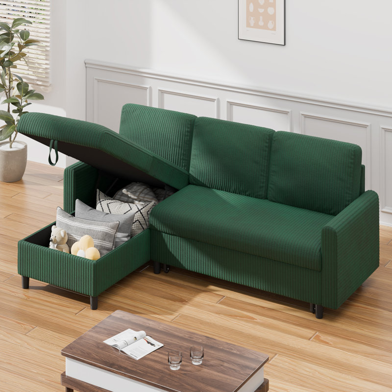 Ashleh 79" L-Shaped Sectional  with Ottoman, Green Cotton Blend