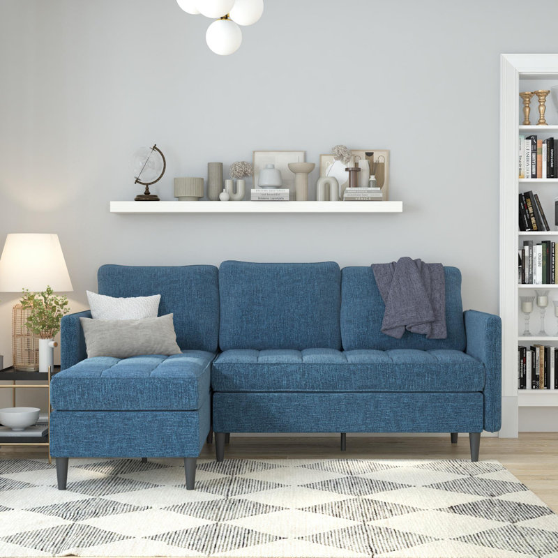 Canapé modulaire avec méridienne Chineta, Polyester bleu