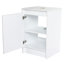 Meuble de salle de bain autoportant 50 cm (20 po) blanc brillant, portes à fermeture amortie pour une fermeture silencieuse, design élégant au sol, grand espace de rangement, plateau supérieur en bois, bonde de 45 mm, robinetterie à gauche ou à droite.