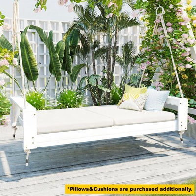 Twin Size Porch Swing Bed Seating Group, Patio Acacia Wood Swing Frame With Hemp Ropes For Garden, Backyard, Gray