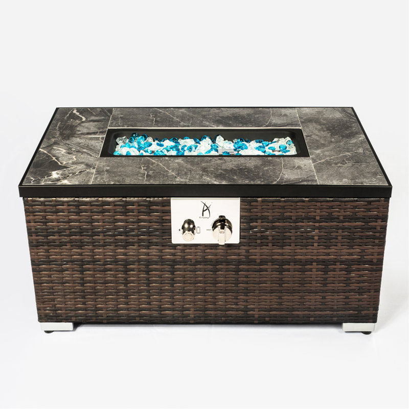 Table d'extérieur pour foyer d'extérieur rectangulaire avec garantie de propane, brun foncé, plateau de table en carreaux de céramique, puissance thermique de 40000BTU, structure en acier, brûleur approuvé, emplacement à flamme réglable