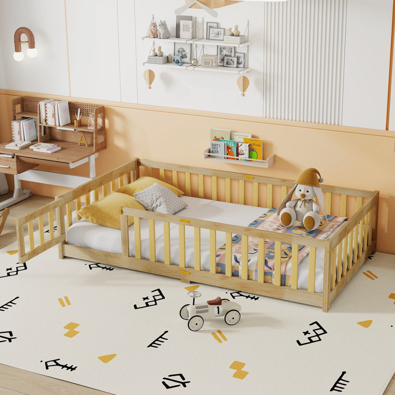 Twin Montessori Floor Bed Natural Rubber Wood Fence, Natural, Twin