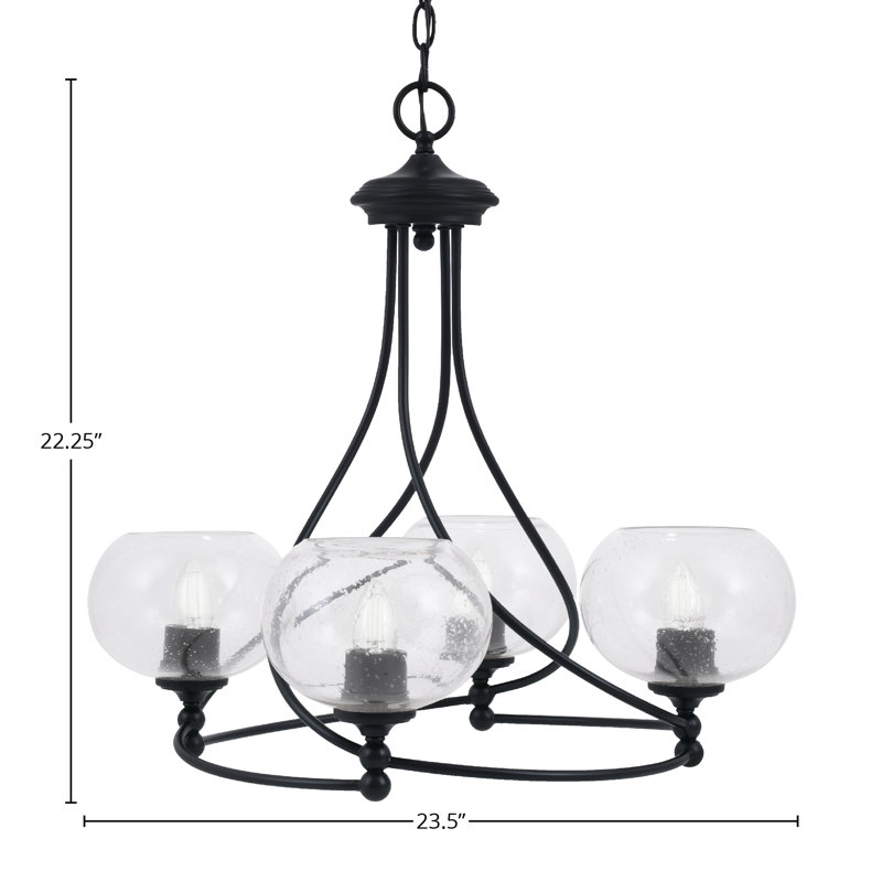 Lustre 4 lumières Sadea illustré avec verre de 7 po, Grainé transparent, Noir mat