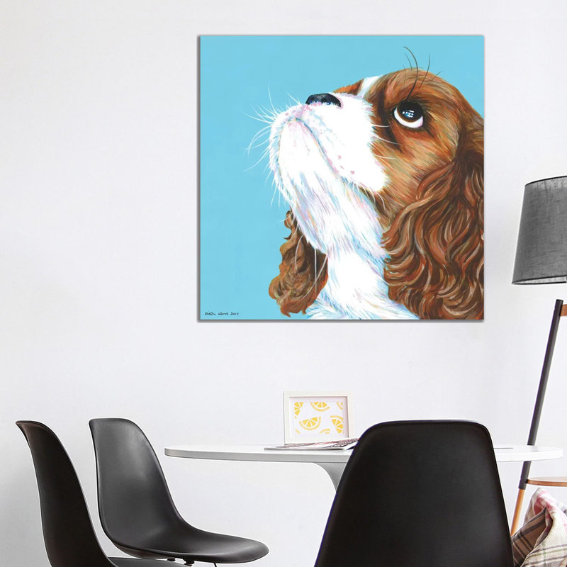 King Charles Cavalier On Aqua, Square by Kirstin Wood - Painting on Canvas, 45.72 cm H x 45.72 cm W x 3.175 cm D