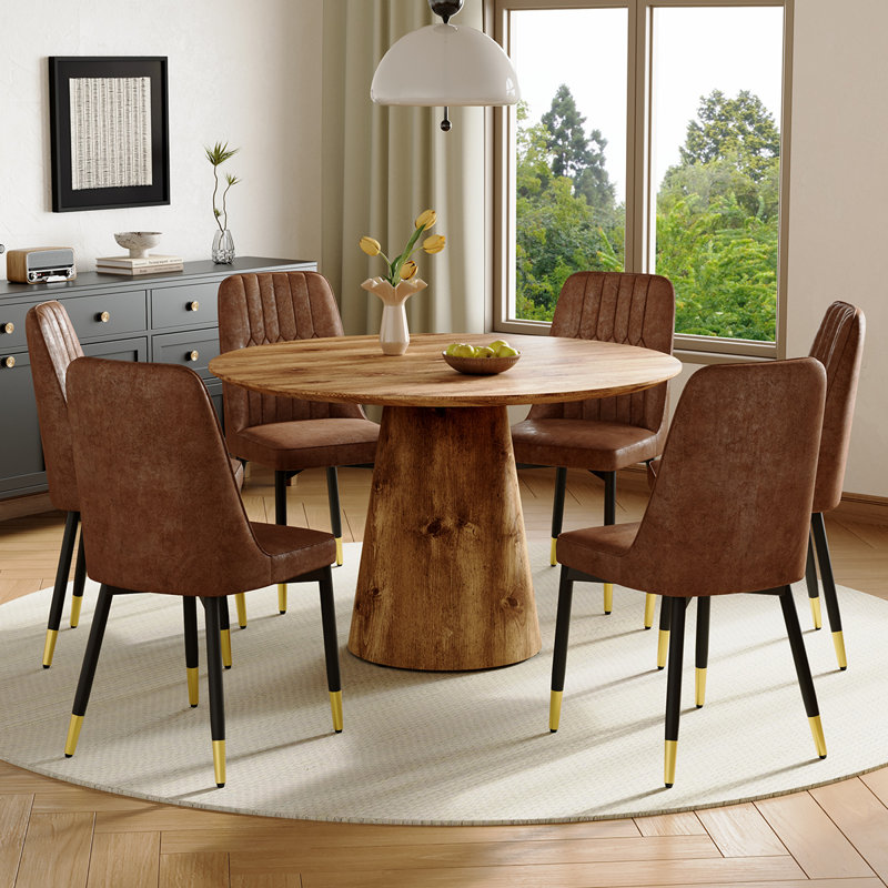 45'' Round Dining Table Set with Upholstered Chairs, Modern Kitchen Table and Chairs, 7 Pieces: Table, 6 Chairs