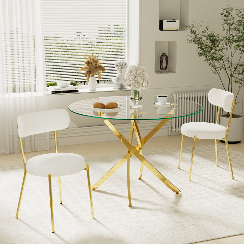 3-Piece Round Glass Dining Table Sets, Gold, White/Gold