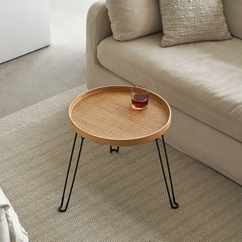 Table d'appoint ronde en bois et rotin, table pliable avec trépied en métal, plateau rond en rotin, style bohème, table basse chic, table d'appoint pliable