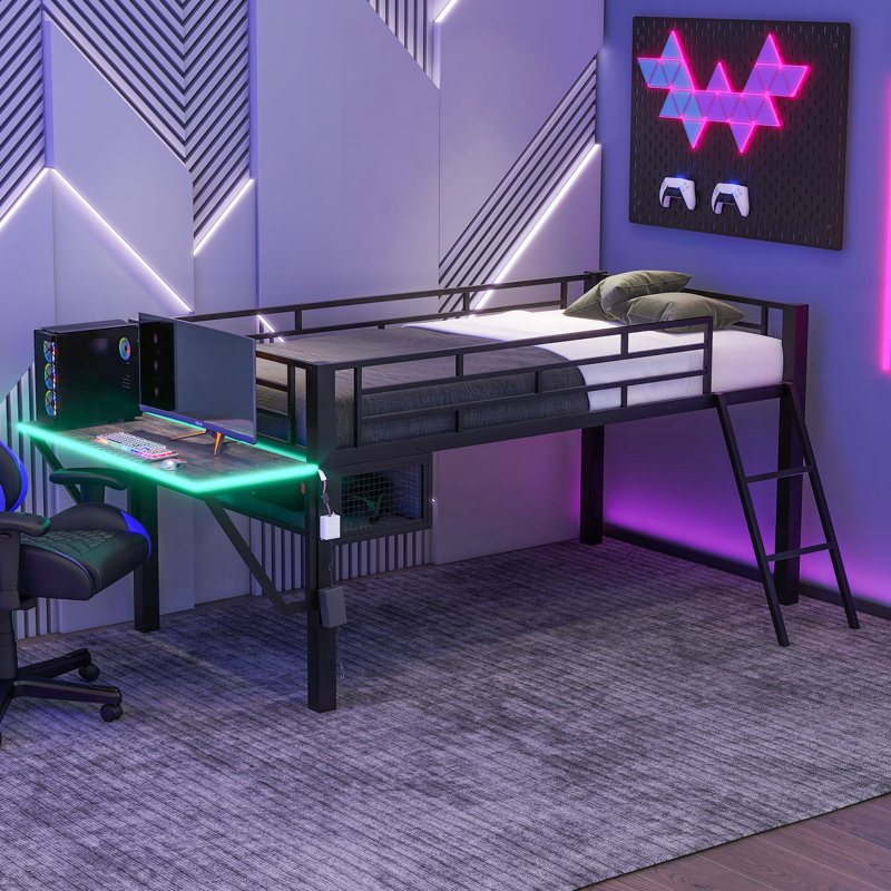 Lit mezzanine avec bureau Gaming, DEL, simple, noir