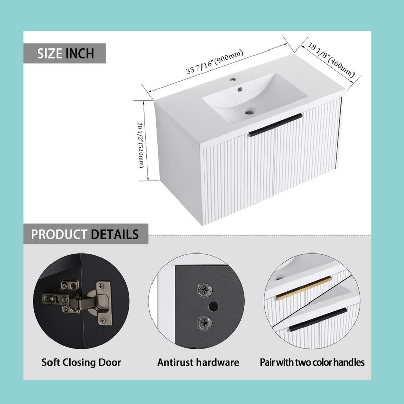 Ensemble de meuble-lavabo flottant 36 po - Design ondulé, lavabo en résine, portes à fermeture en douceur?, Blanc