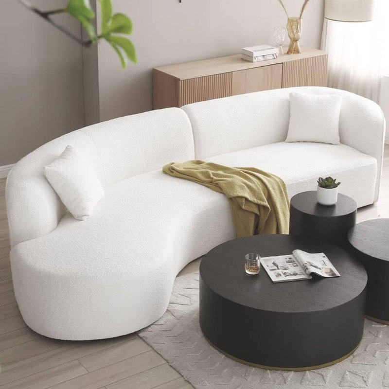 126.37" Boucle Upholstered Curved Sofa, Left Hand Facing, White Fabric