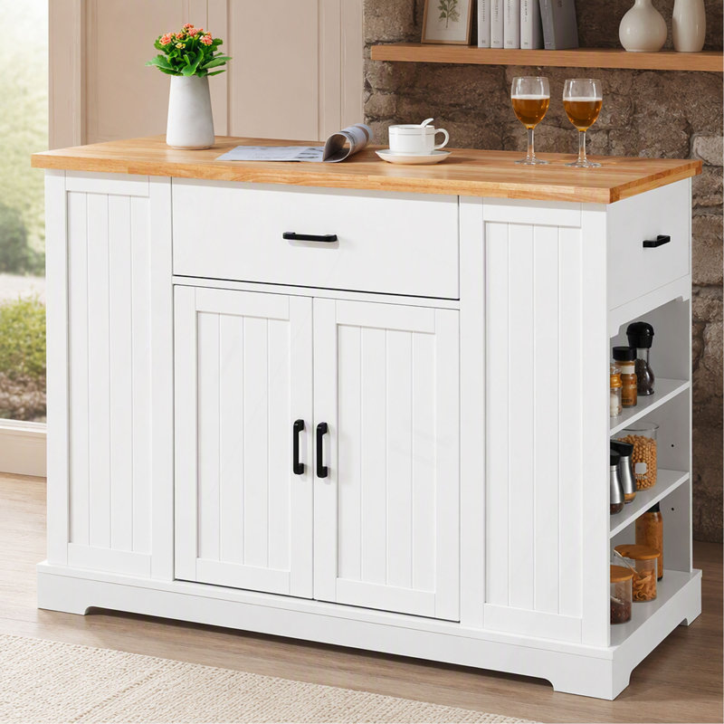 Chariot de service avec tiroir et tablettes Kitchen Island, Blanc, H 36 po x l 46 po x P 22 po