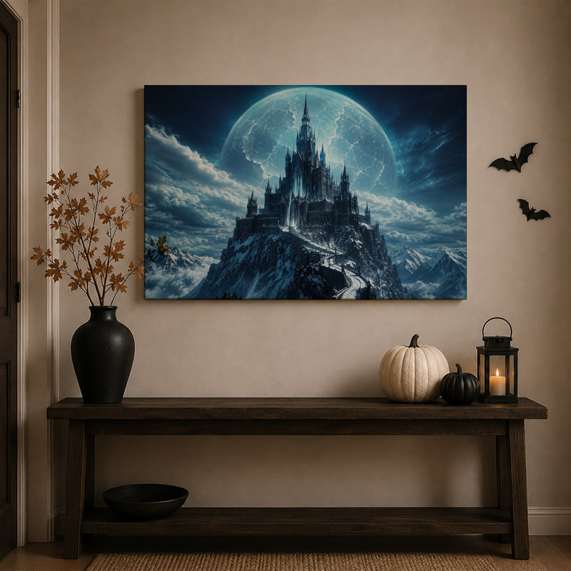 Château gothique sur montagne enneigé sous une toile craquelée - Décoration murale d'Halloween, H 24 po x l 36 po