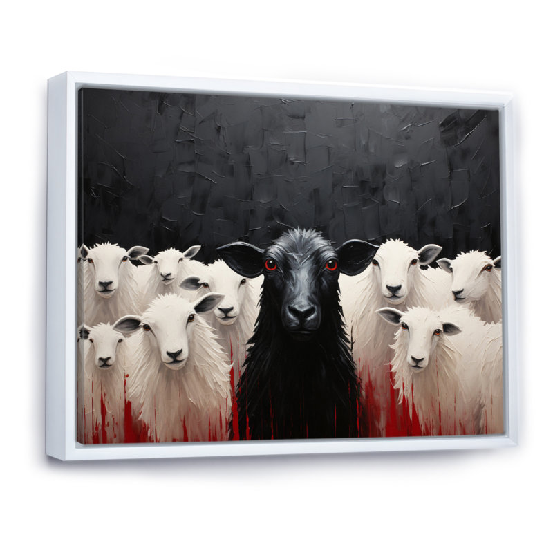 Troupeau de moutons noir et blanc - impressions encadrées de moutons, 12" H x 20" W, Cadre flottant blanc