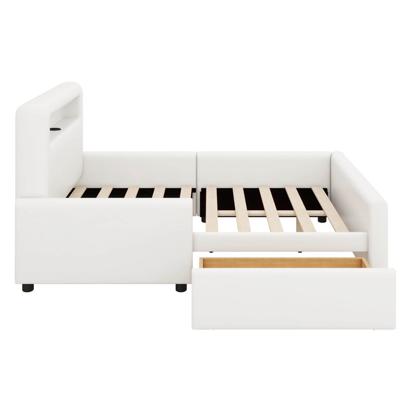 Lit plateforme double avec rembourrage, tiroir, bande lumineuse à DEL et connectivité USB, Lit double, Blanc