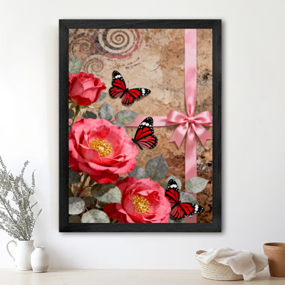 Encadré noir avec roses roses et papillons rouges, jumelé à des rubans roses, impression d'art encadré de style rétro