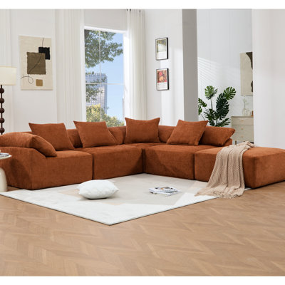 Orange L Shaped Sectional, 5 Piece Couch , Chenille Upholstery, High Sponge, Modern Living Room Furniture Modular In Orange, Piece, Supportive For Enhanced Comfort