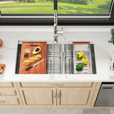 36" L x 19" W Undermount Double Kitchen Sink Stainless Steel 16 Gauge Ledge Workstation 60/40 Low Divide Double Basin Sinks with Accessories