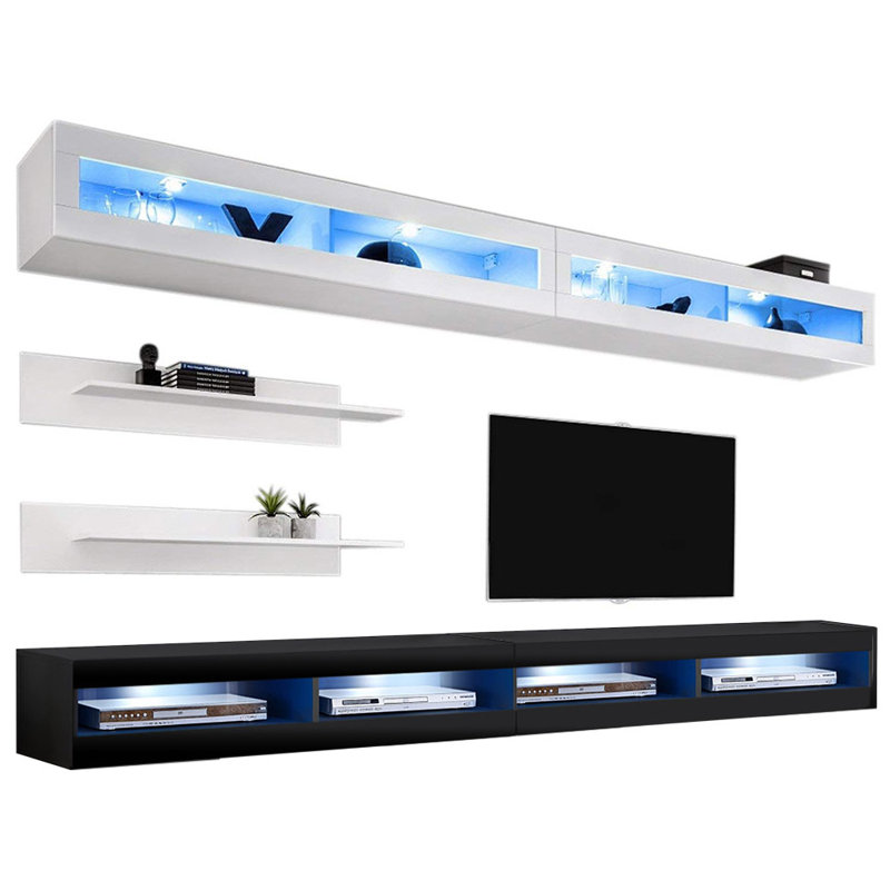 Lonergan 126" Modern Floating Wall Mounted Entertainment Center with 16-Color LED Lighting, High Gloss Finish, White/Black