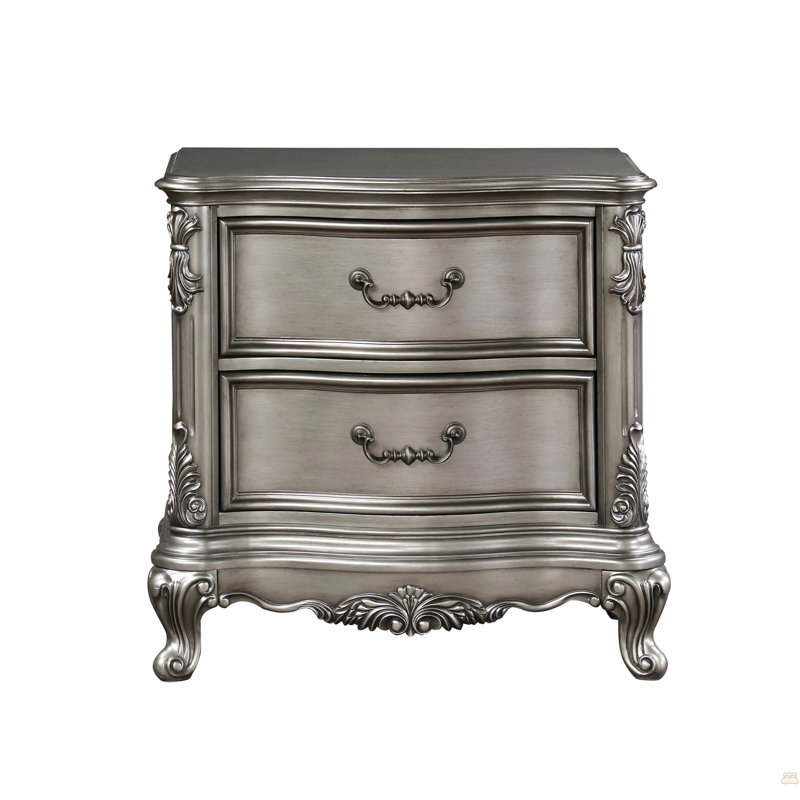 Traditional Vintage Bedroom 1Pc Nightstand With 2 Drawers Antique Platinum Finish Wooden Furniture Classic Design