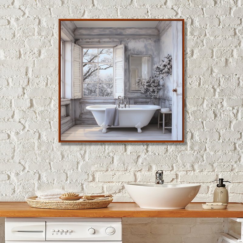 Farmhouse Bathroom Charm II - impressions sur toile blanchisserie, H 16 po x l 16 po, Reproduction avec cadre flottant, Brun