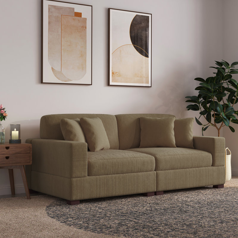 2 - Piece Upholstered Camel Corduroy Modular Sectional Sofa with Pillow Back and Solid Wood Legs, Camel