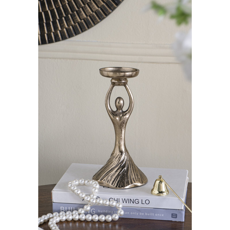 Porte-pilier en aluminium doré D4.5X11.5 "avec motif abstrait de dame, H 9,5 po x l 4,5 po x P 4,5 po