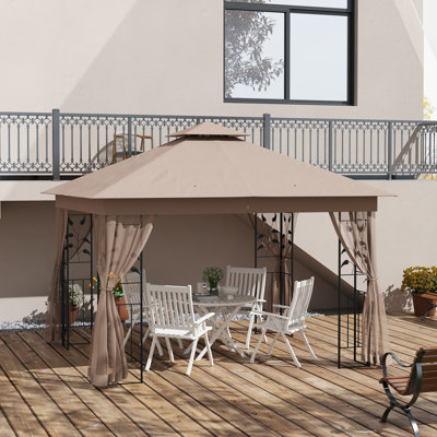 Outsunny 10' x 11.5' Metal Patio Gazebo, Double Roof Outdoor Gazebo Canopy Shelter with Tree Motifs Corner Frame and Netting, for Garden, Lawn, Backyard, and Deck, Brown