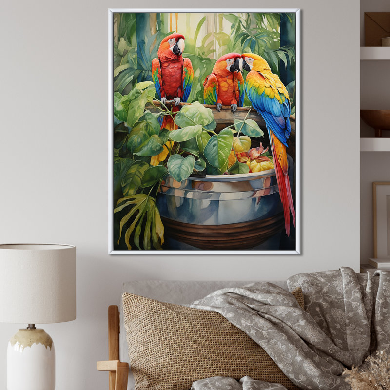 «Red Parrot Jungle Paradise I», art mural perroquet, Cadre flottant blanc, H 32 po x l 16 po x P 1 po