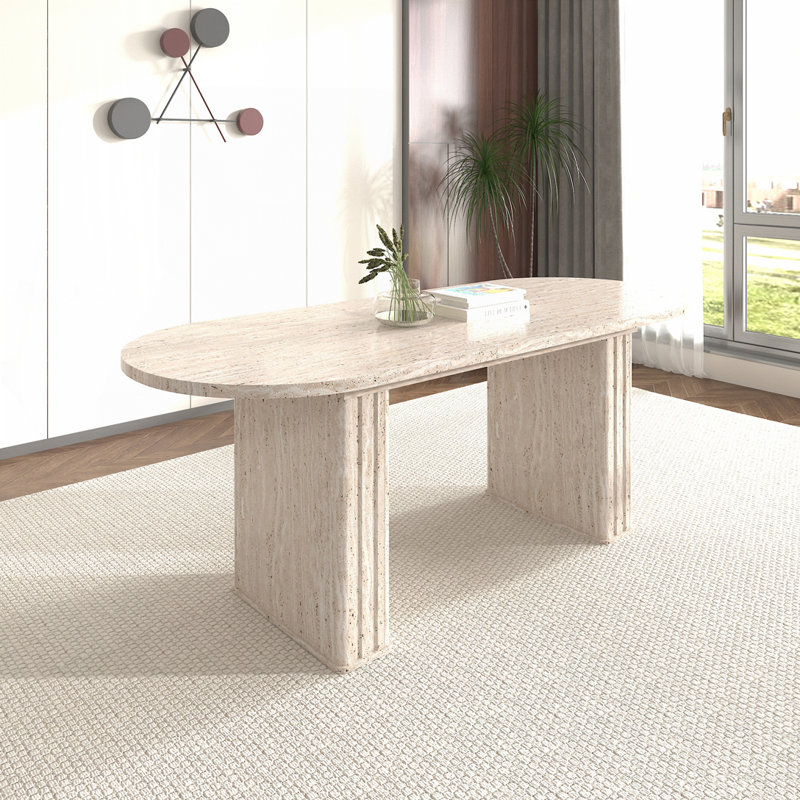 Table de cuisine extensible ovale pour 4-8 personnes avec finition d'inspiration travertin