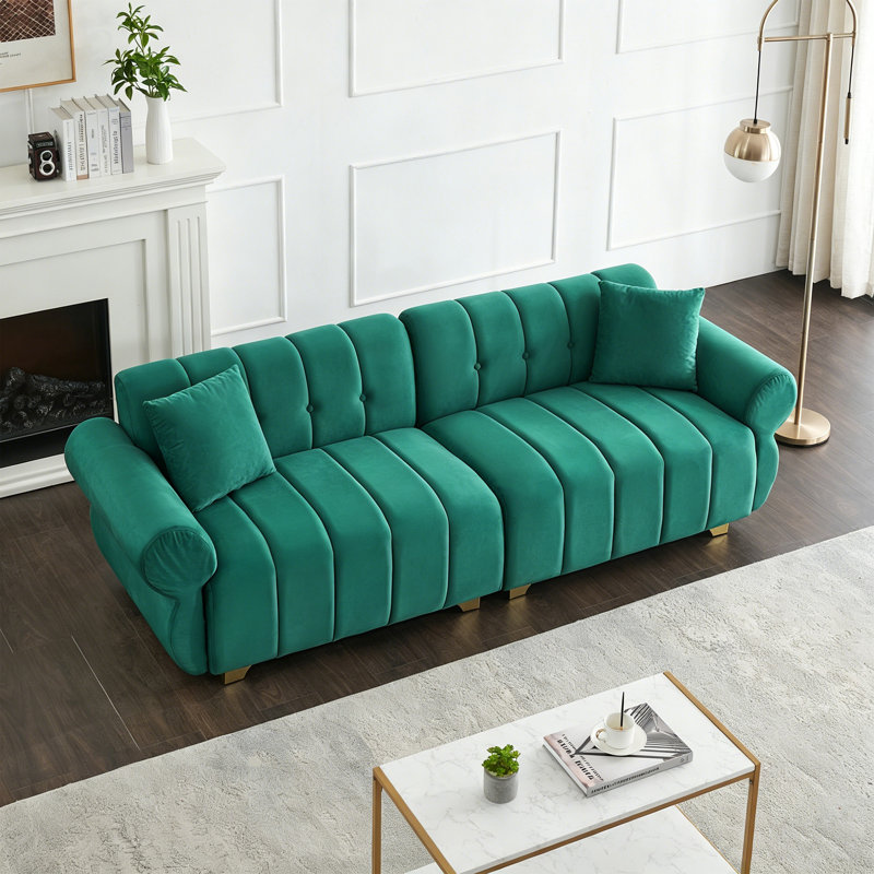 " modern 3-seater flannelette sofa | spring-wrapped cushions | stylish metal feet | 4 throw pillows | living room & bedroom