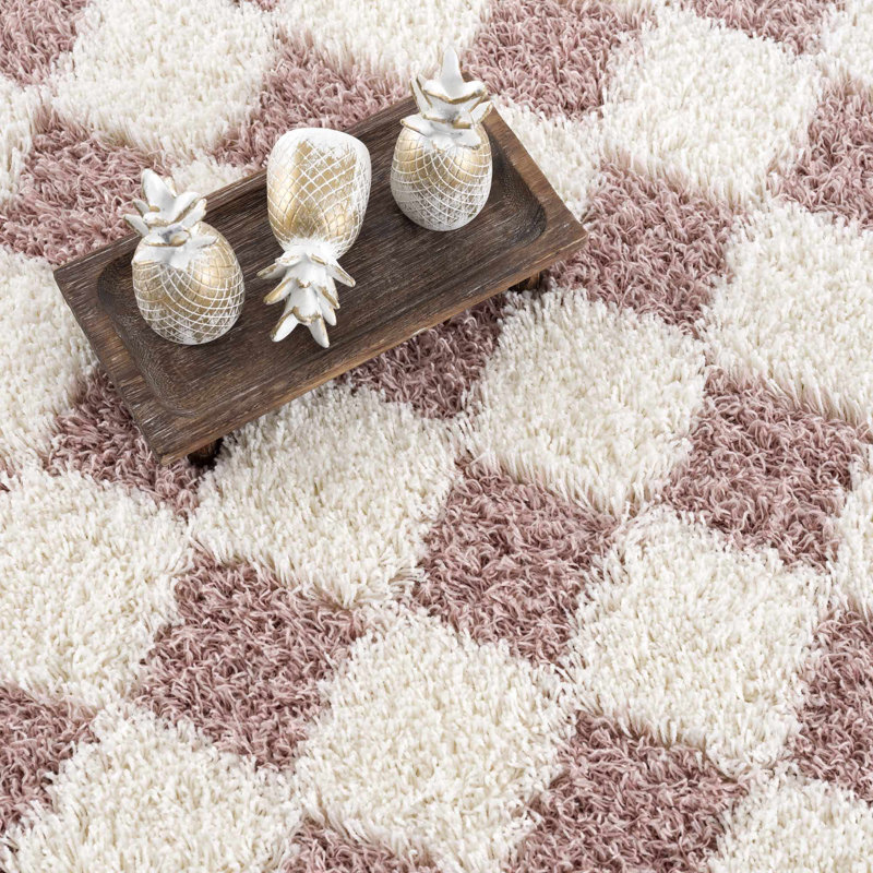 Atiran Checkered Shag Pink Area Rug, Rectangle 8'10" x 12'