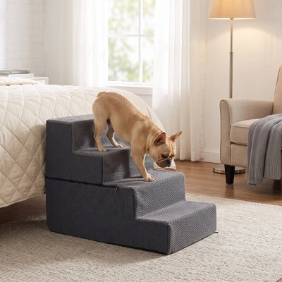 Escalier pour chien à 4 niveaux en mousse. Recouvert de polyester doux. Rampe d'accès intérieure pour lits et canapés hauts. Convient aux gros chiens. Gris.