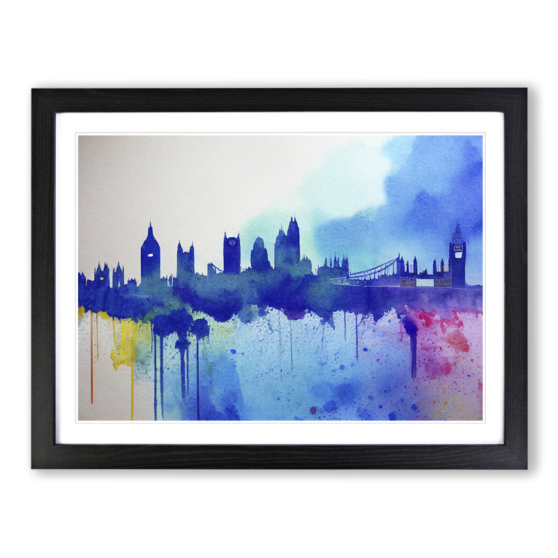 Bold London Skyline Watercolour Vol.4 Abstract - Single Picture Frame Painting, Black Framed, 46cm H x 64cm W x 2cm D