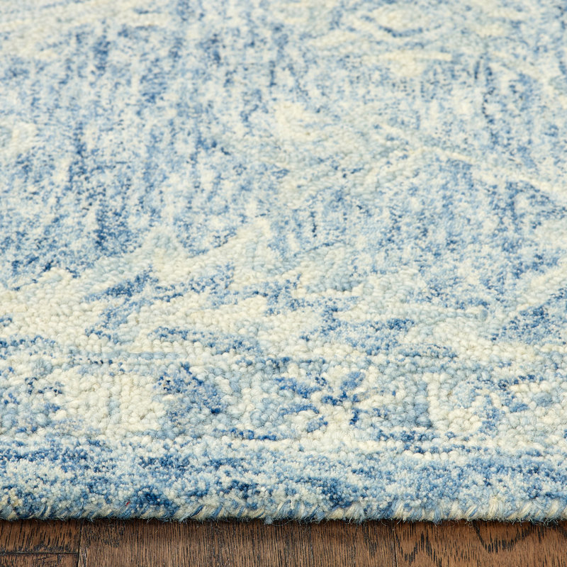 Tapis bleu touffeté à la main 100% laine 5 x 7 Barret, Rectangle 5 pi x 7 pi 9 po