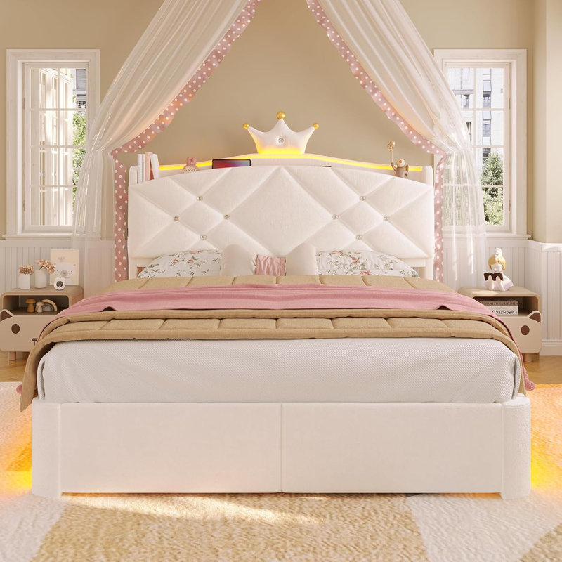 Upholstered LED Kids Bed with Drawer & Crown Headboard, White, Full