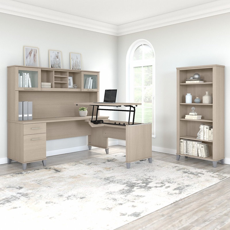 Magomed 72W 3 Position Sit to Stand L Shaped Desk with Hutch and Bookcase, Sand Oak