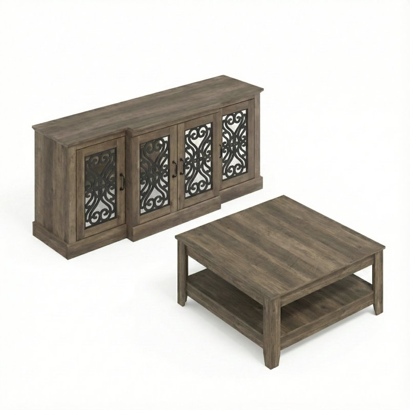 Weddel Basilico 2 Piece Modern Sideboard And Coffee Table Living Room Set, Knotty Oak, Knotty Oak