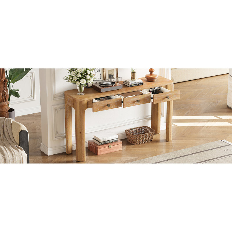 Console de style rétro avec coins incurvés, 3 tiroirs dissimulés, pieds en bois massif épais, finition naturelle, convenant au vestibule, au salon et au couloir, couleur arrondie à mise en valeur, charme